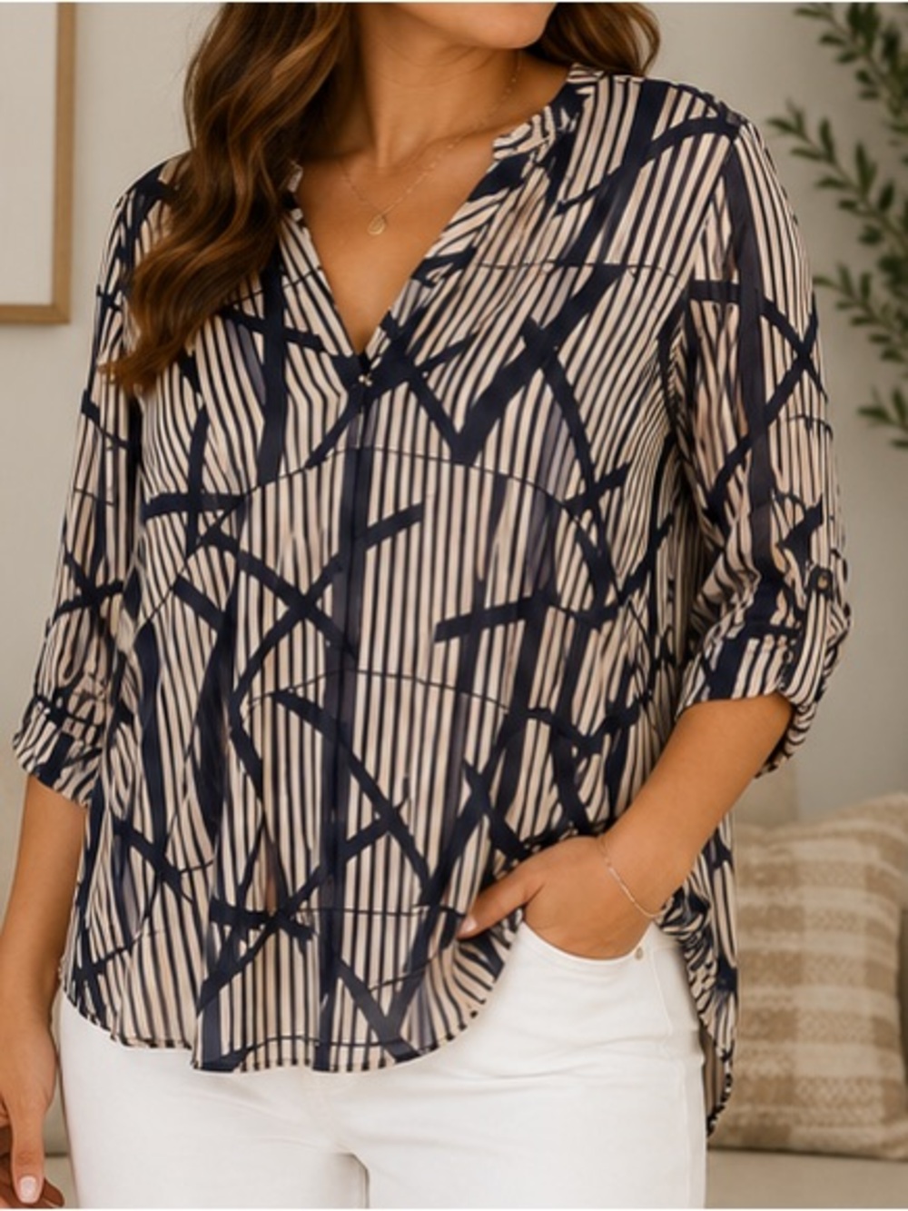 Medium Black and Cream Geometric V-Neck Blouse